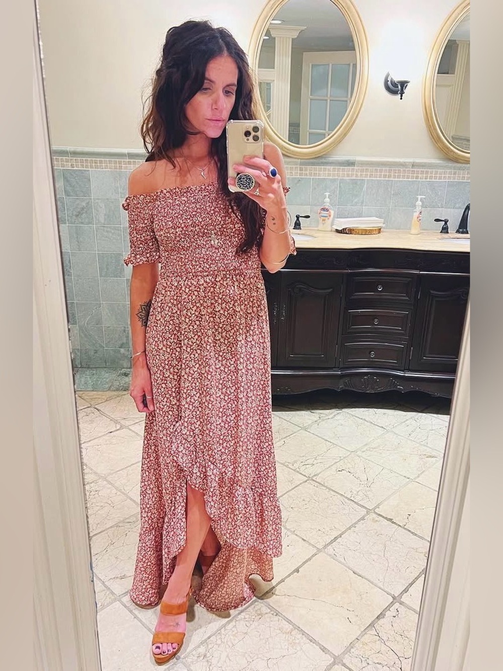 Francesca's Collections Rust Floral Smocked Maxi Dress